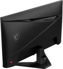 Achterkant van een zwarte MSI gaming monitor met drakenlogo, schuin van achteren gezien.