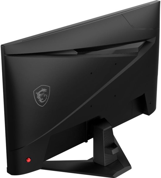 Achterkant van een zwarte MSI gaming monitor met drakenlogo, schuin van achteren gezien.