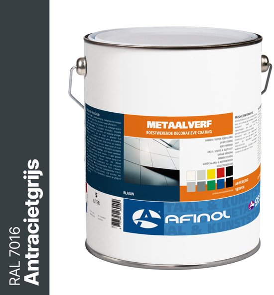 Blik metaalverf Afinol RAL 7016 Antracietgrijs, 5 liter. Roestwerende decoratieve coating.