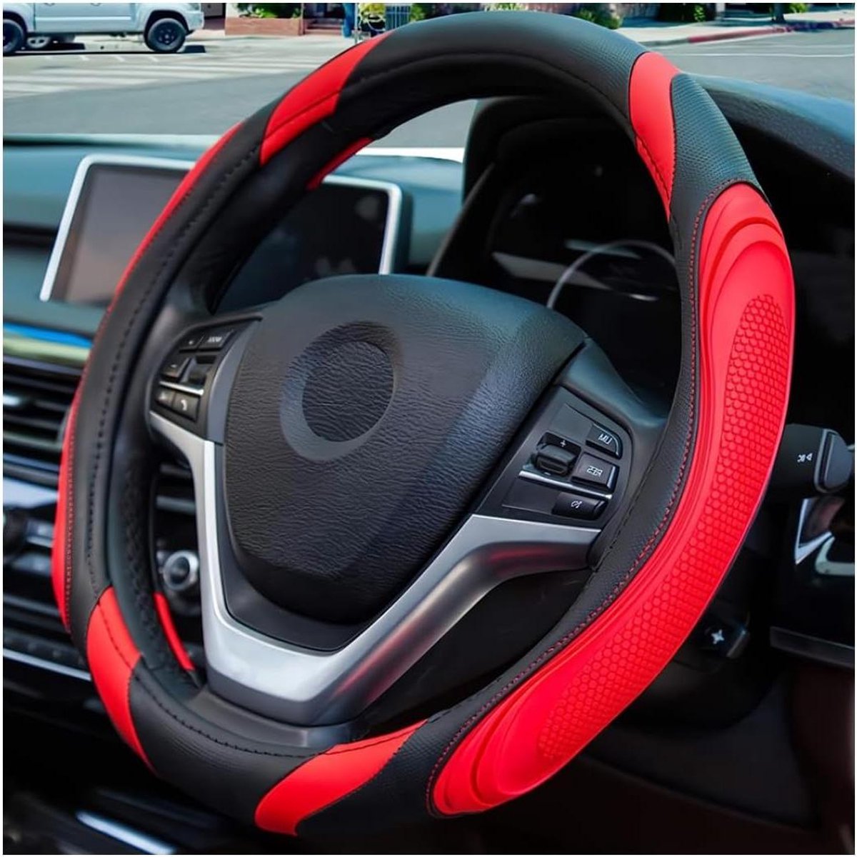 Sportief en Ademend Stuurwielhoes van Microvezel Leer - Universeel 38 cm - Zwart/Rood