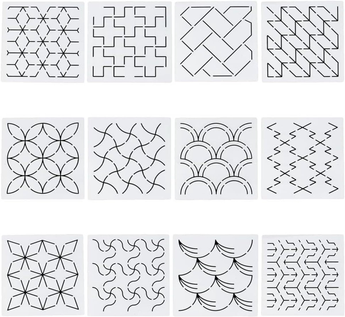 Set van 12 plastic Sashiko sjablonen 14x14cm - Tekensjabloon voor Hand Quilten - Borduursjablonen voor Handnaaien - Ideaal voor Quilten en Handwerkliefhebbers