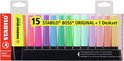 Verpakking van 15 STABILO BOSS ORIGINAL markeerstiften in diverse kleuren, met een zwarte deskset. De verpakking vermeldt '15 STABILO BOSS ORIGINAL + 1 Deskset'.
