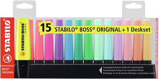 Verpakking van 15 STABILO BOSS ORIGINAL markeerstiften in diverse kleuren, met een zwarte deskset. De verpakking vermeldt '15 STABILO BOSS ORIGINAL + 1 Deskset'.
