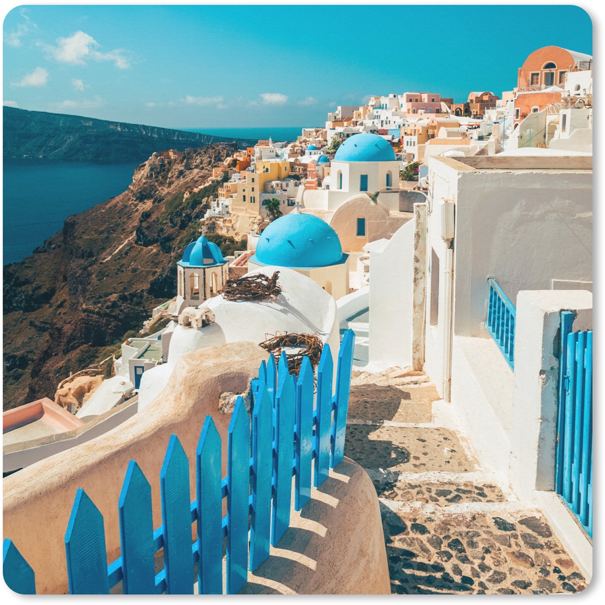 Muismat XXL 40x40 cm - Bureau onderlegger - Bureau mat Blauw voetpad in Santorini Griekenland - Bureaumat - Gaming mousepad xl - Bureaulegger groot - Computer deskmat