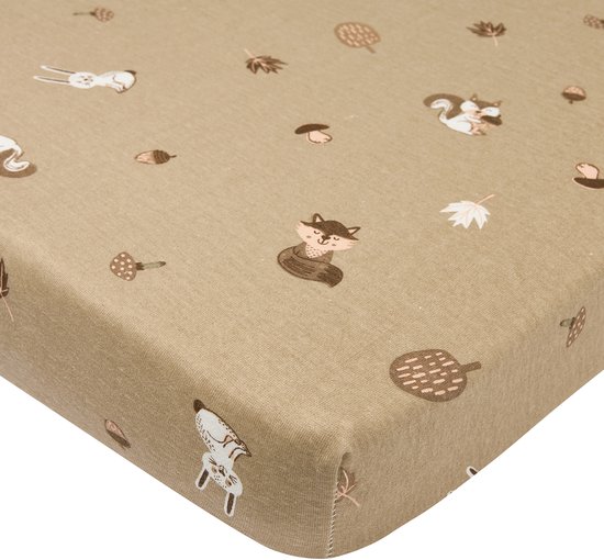 Zandkleurige boxmatras met een print van bosdieren zoals een vos, eekhoorn en konijn.