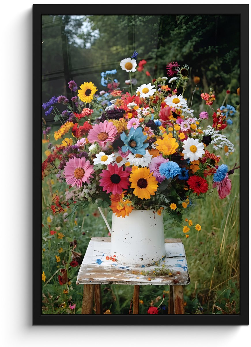 Poster in lijst - Fotolijst 40x60 cm - Posters - Bloemen - Krukje - Gieter - Veld - Poster