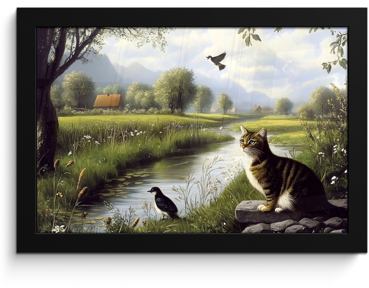 FrameYourWall Poster in lijst - Fotolijst 30x20 cm - Posters - Kat - Beekje - Weide - Posterlijst zwart - Decoratie - Wanddecoratie woonkamer - Muurdecoratie slaapkamer Kat - Natuur