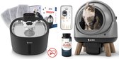 Een set JC Pets kattenproducten: een grote grijze zelfreinigende kattenbak, een zwarte drinkfontein met filters, een potje kattenbakdeodorant en een smartphone met de app.