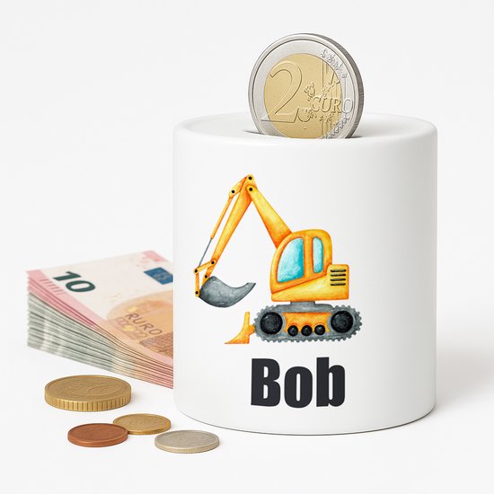 Witte spaarpot met oranje graafmachine en "Bob" erop. Met euro munt en bankbiljetten.