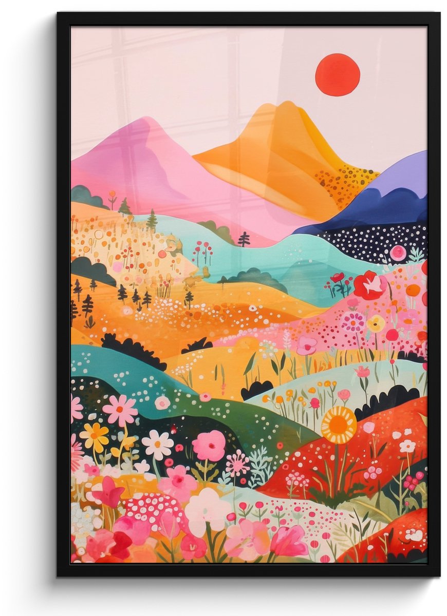 FrameYourWall Poster in lijst - Fotolijst 60x90 cm - Posters - Kleurrijke bloemen - Bergen - Fantasielandschap - Posterlijst zwart - Decoratie - Wanddecoratie woonkamer - Muurdecoratie slaapkamer Bloemen - Heuvels - Kleurrijk