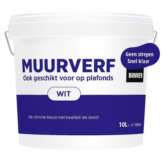 Muurverf - Voor muren en plafonds - Binnen mat - Wit - 10 Liter - 100m2