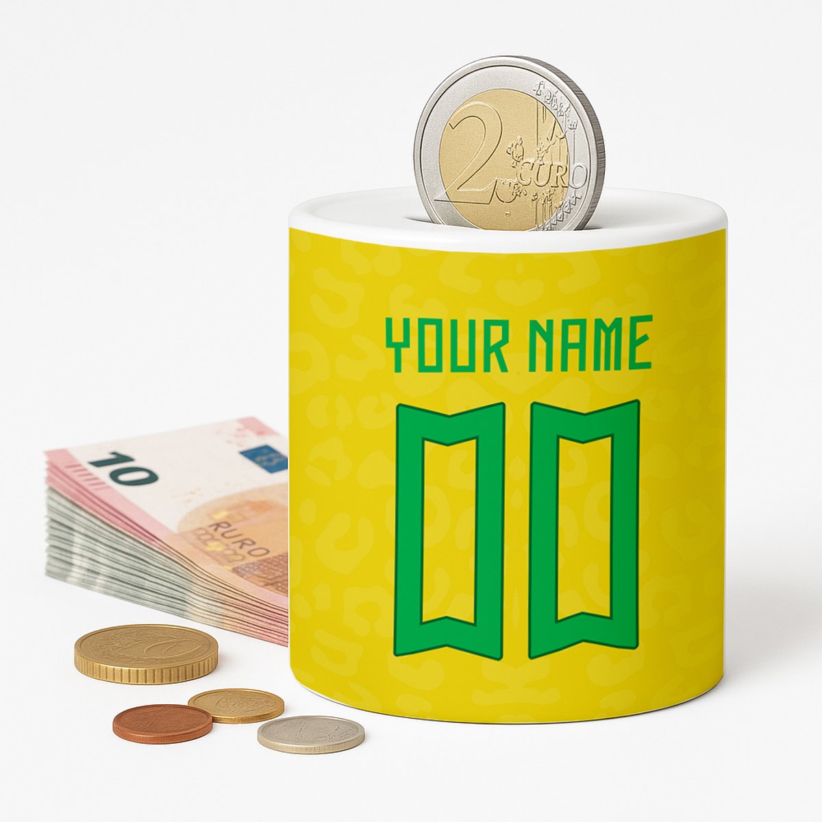 Spaarpot Brazilië Voetbal - Spaarpot met naam gepersonaliseerd - Voetbal Cadeau - Geschenk - Voetbal shirt op spaarpot