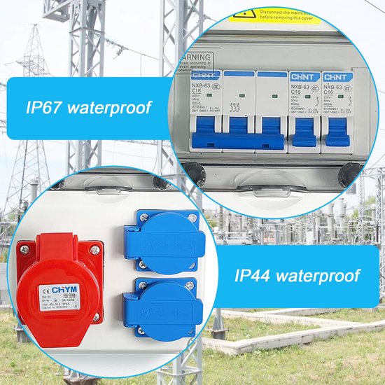 KOOP Elektro Bouwstroomverdeler, wandverdeler, Schuko 4 x 230 V zekering 1 x LS C16 bedraad, voor indoor/outdoor, stekkerverdeler, bedraad, IP54, voor indoor/outdoor gebruik