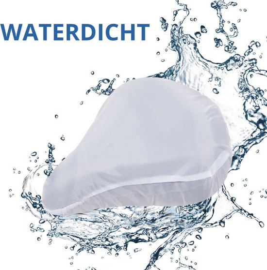 Witte fietszadelhoes in water splash, met tekst 'WATERDICHT'.