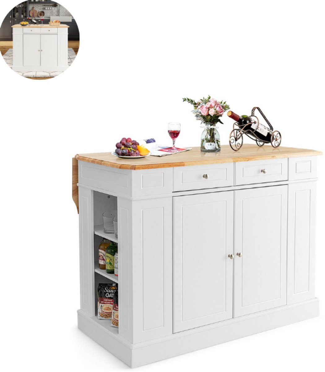 Keukeneiland - Verplaatsbaar - Keukenkast - Dressoir - Organizer - Kasten - Houten Werkblad - 2 Deuren - Wit