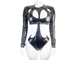 Jumpsuit - Maat S/M - Sexy bodysuit catsuit pak met openingen Wetlook Zwart