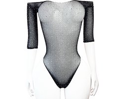 BamBella® - lingerie jumpsuit - Onesize - Erotische sexy nacht pakje doorzichtig kant - Super Stretch Zwart met strass steentjes