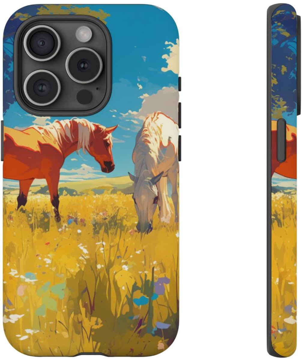 Paarden Grazend in Zonnig Veld – Telefoonhoesje Geschikt voor iPhone 15 Pro