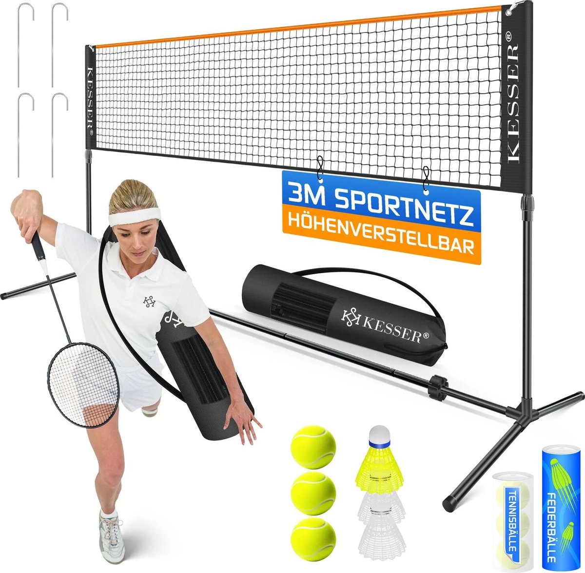 KESSER® Badmintonnet, Tennisnet | 300cm | 400cm | 500cm | Badmintonnet 3-voudig in hoogte verstelbaar, Set bestaat uit net, 3 badminton- en tennisballen, Stevig ijzeren frame, Draagtas, Binnen & Buiten