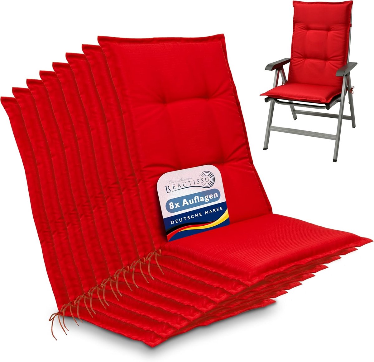 Beautissu Base HL Set 8x Tuinkussens Hoge Rug 120 x 50 x 6 cm Zitkussen Rood Kussen Tuinstoelkussen