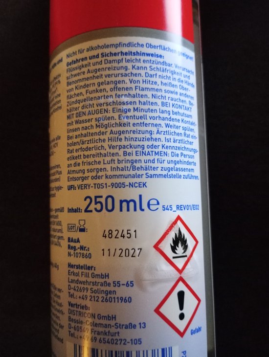 Fles met 250 ml inhoud, met waarschuwingssymbolen voor ontvlambaarheid en gezondheidsrisico's. Productinformatie in het Duits.