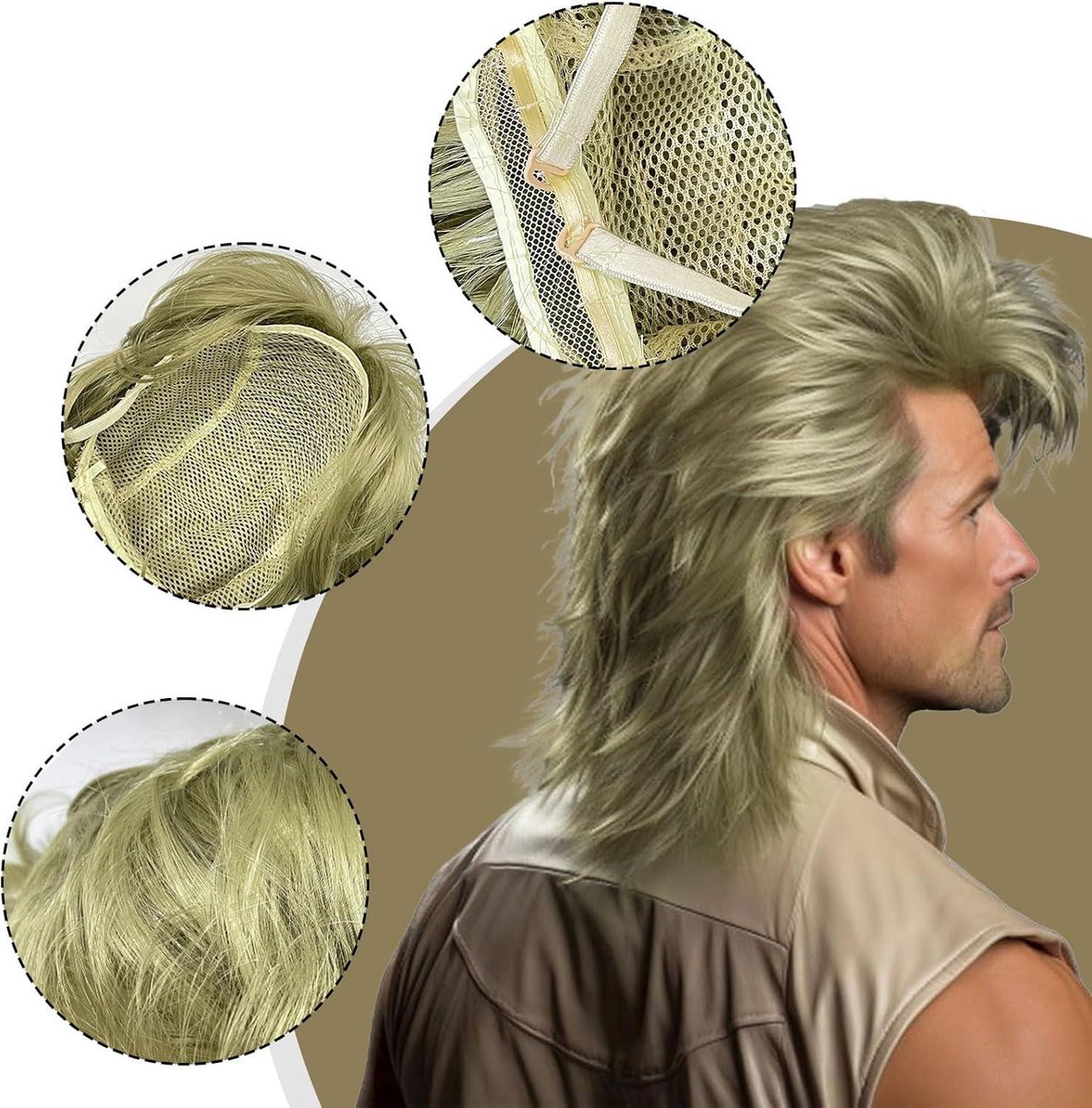 VGbeaty Lange blonde meerkleurige pruik voor heren, met halsketting, snor, zes oorbellen, tijgerkoning, voor carnaval, Halloween, cosplay, kostuum, party
