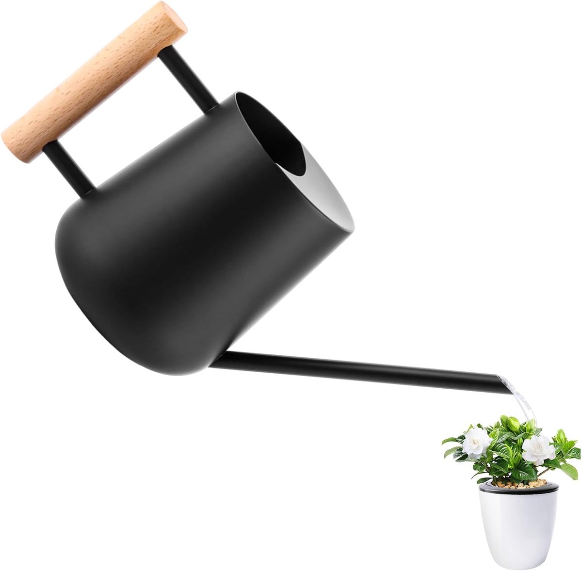 1 liter kleine roestvrijstalen gieter met houten handvat voor kamerplanten - zwarte metalen gieter met lange uitloop
