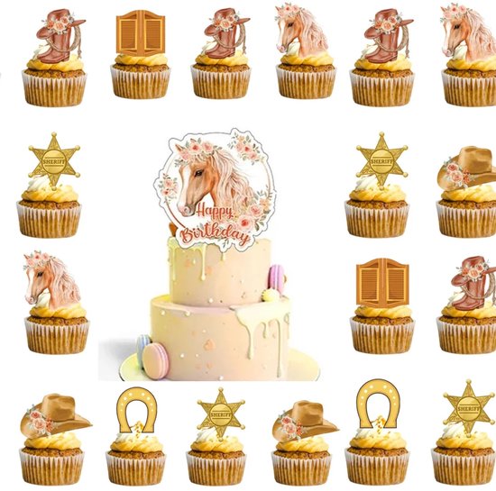 Taart en cupcake toppers met paarden, cowboyhoeden, laarzen, sheriffsterren, hoefijzers en poortjes.