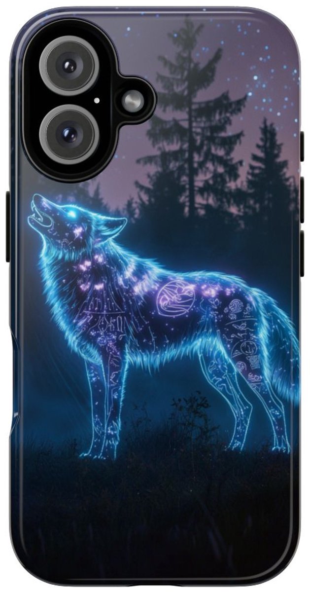 Gloeiende Wolf met Oeroude Symbolen – Telefoonhoesje Geschikt voor iPhone 16
