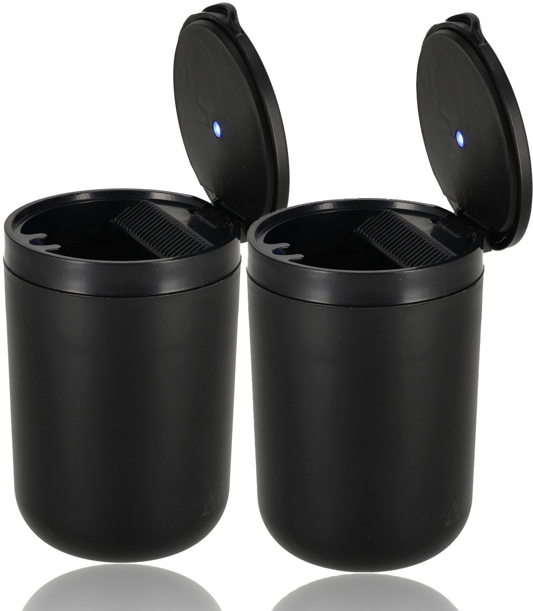 Auto Asbak 2 Stuks – Zwart met Deksel & LED – Rookvrije Asbak voor Auto & Vrachtwagen – Ø7 cm x 10.5 cm – Past in Bekerhouder – Geurloos & Veilig