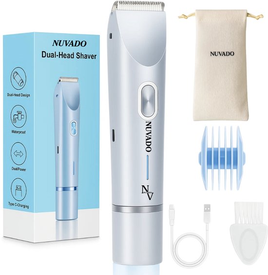 Nuvado Oplaadbare 2-in-1 Elektrische Bikinitrimmer Voor Vrouwen - Licht Blauw- Waterdichte IPX7 Scheerapparaat Voor Oksels - Benen En Armen - Reizen - Ladyshave voor Vrouwen - LadyGroomer - Inclusief Reiszakje - Nuvado - €39,95