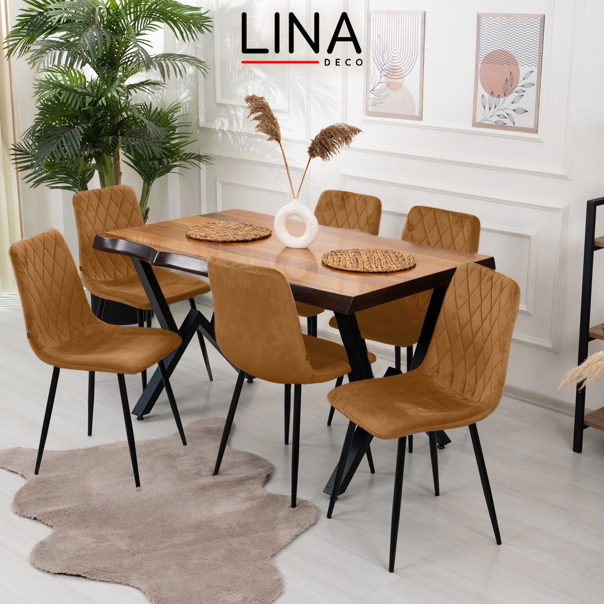 Lina® Elisia Eetkamerstoelen - Stoel - Okergeel - Set van 6 - Velvet
