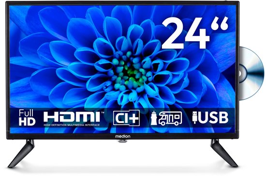 MEDION 59,9 cm (24 inch) Full HD TV (ingebouwde dvd-speler, ideaal voor camping, camper, vrachtwagen, tuin, 12V auto-adapter, Triple Tuner, HDMI, USB), MD 824001