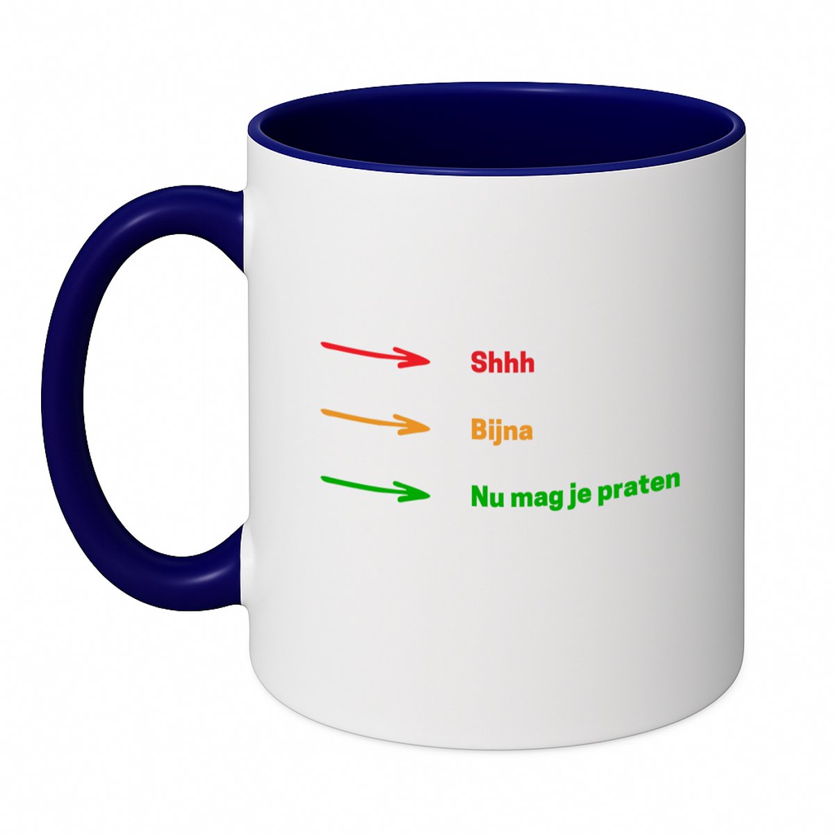 Hacebo® - shhh, bijna, nu mag je praten koffiebeker donker blauw - Quotes - mensen die houden van quotes - thee mok - koffie beker - grappige tekst - quotes - verjaardag - cadeau - kado - geschenk - koffiemok - 350 ML inhoud