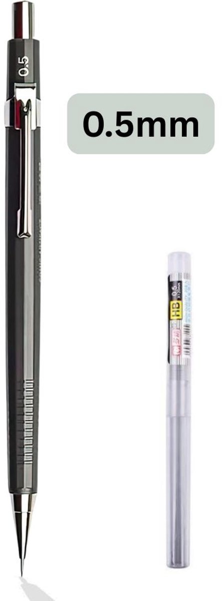 Ainy - Metalen vulpotlood grijs - 0,5 mm | met extra 0 5 vulling | HP potlood incl. gum voor volwassenen & kinderen
