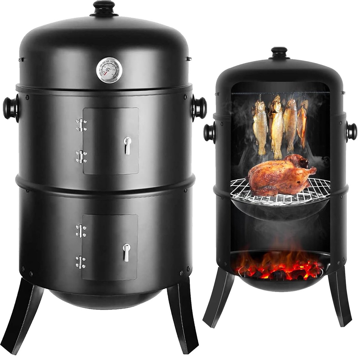 MERKLOOS-3-in-1 Houtskoolgrill Rookgrill en Rookoven – Met Roestvrijstalen Grillrooster, Thermometer, Geëmailleerde Waterbak en Verstelbare Ventilatieopeningen