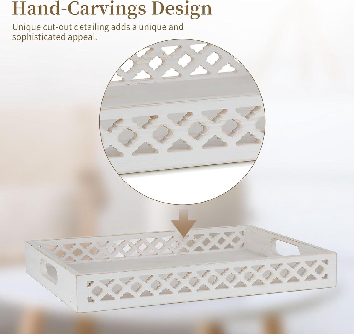 Lot De 2 Plateaux En Bois Blanc Délavé Avec Poignées - Grand 40x30 Cm Et Petit 30x28 Cm, Décoratif Et Pratique - 10
