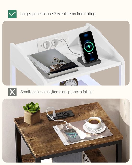 Table de chevet - Set de 2 - Avec Siècle des Lumières LED - Avec station de charge - Avec entrée USB - Avec prise de courant - Avec tiroir - Avec étagère - Zwart