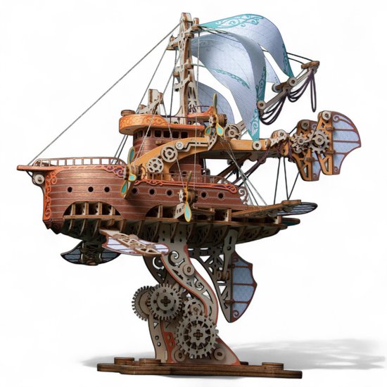 HowCat MFantasy Steampunk Airship (Brons) – 3D Houten Puzzel – 421 Stuks – Steampunk Luchtschip – DIY Modelbouwpakket – Houten Bouwpakket – Mechanisch Houten Model – Decoratief & Educatief – Cadeau voor Volwassenen en Kinderen