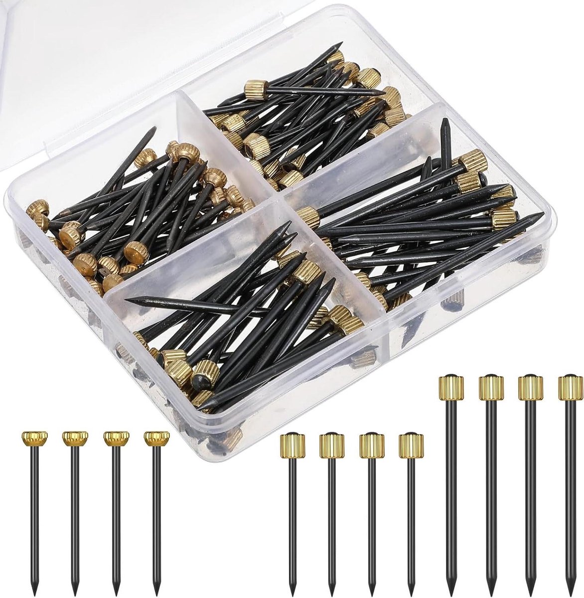 Allecto Plus - 90 stuks decoratieve spijkers voor foto's - 3 stijlen stalen spijkers met messing kop - Herbruikbare nagels in opbergdoos - Voor houten wanden, gipsplaten en kalkwanden