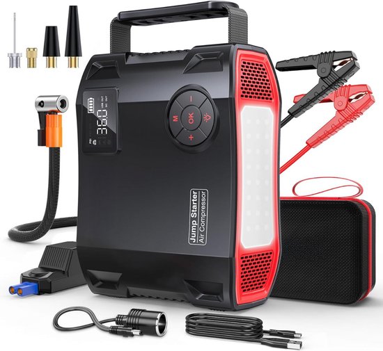 MKSS® Jumpstarter met Compressor - Startkabels - Starthulp voor Auto - Accubooster - Zwart + Rood