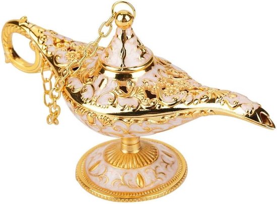 Aladdin Lamp van Metaal - Holle Gesneden Legende met Magische Geest - Wenspot Decoratie (Phnom Penh wit)