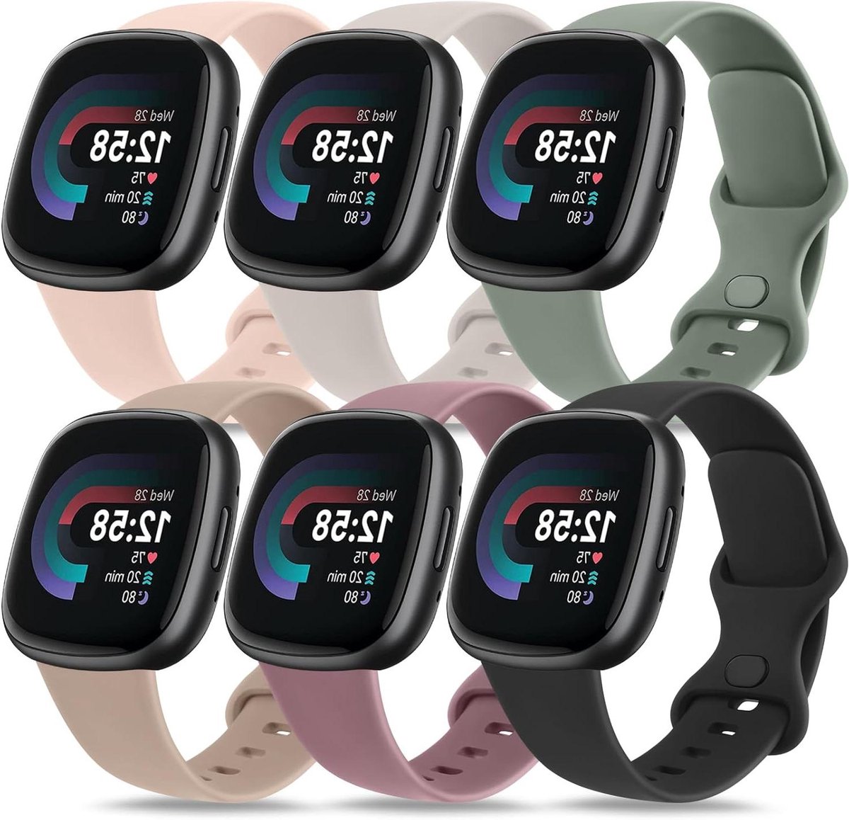 Set van 6 armbanden voor smartwatch - zachte siliconen sportreservearmband voor dames en heren - geschikt voor Fitbit Versa 3, Versa 4, Sense, en Sense 2