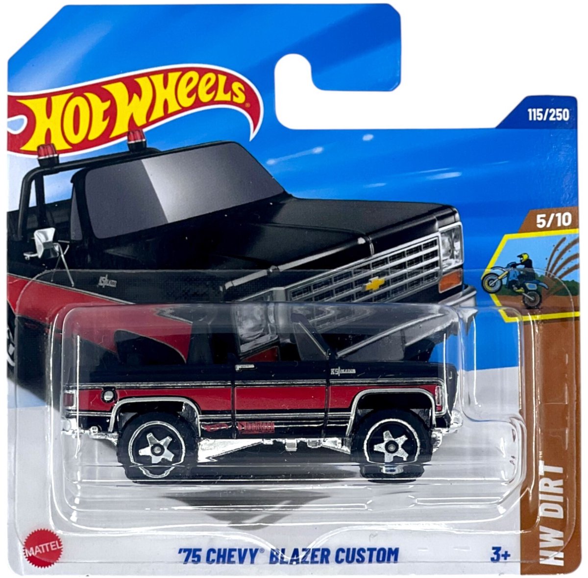 HOT WHEELS '75 CHEVY BLAZER CUSTOM BLACK RED 1:64 HW DIRT 5/10 SHORT CARD