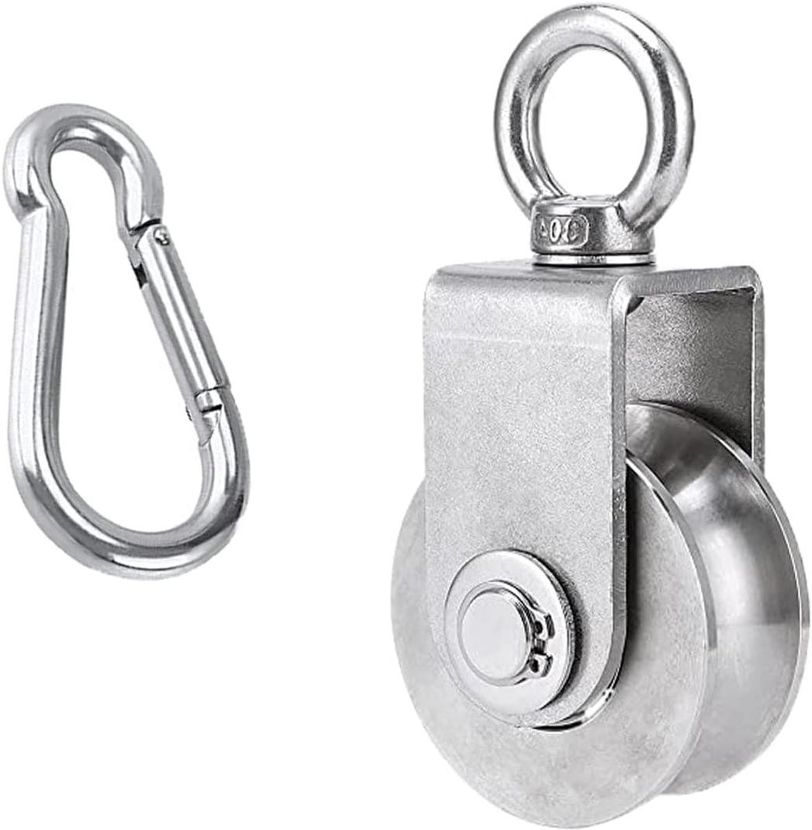 Allecto Plus - Fitness Katrolblok met RVS Katrol en Snap Hooks voor 22mm Touwen - Draagvermogen 500kg - Zilverkleurig.