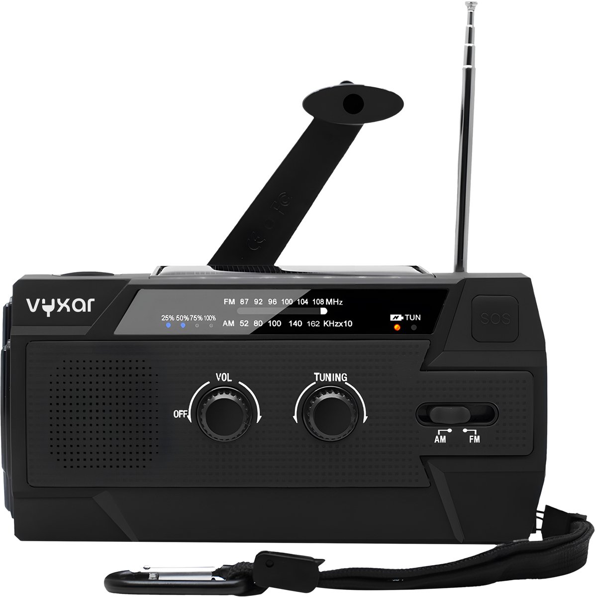 Vyxar® Noodradio - Opwindbare radio - Dynamo / Solar / Zonnepaneel - Opwindbaar - Zaklamp - Powerbank - Survival / Camping radio - FM - AM - Leeslamp - SOS Alarm
