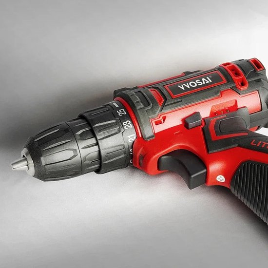 Accuschroevendraaier, accuboormachine met 2 x 12 V batterijen, mini- accuschroevendraaier met slagboorfunctie, accuboor met 25 3 draaimomentstanden en functioneel niveau, 1 uur snellading, 52 stuks