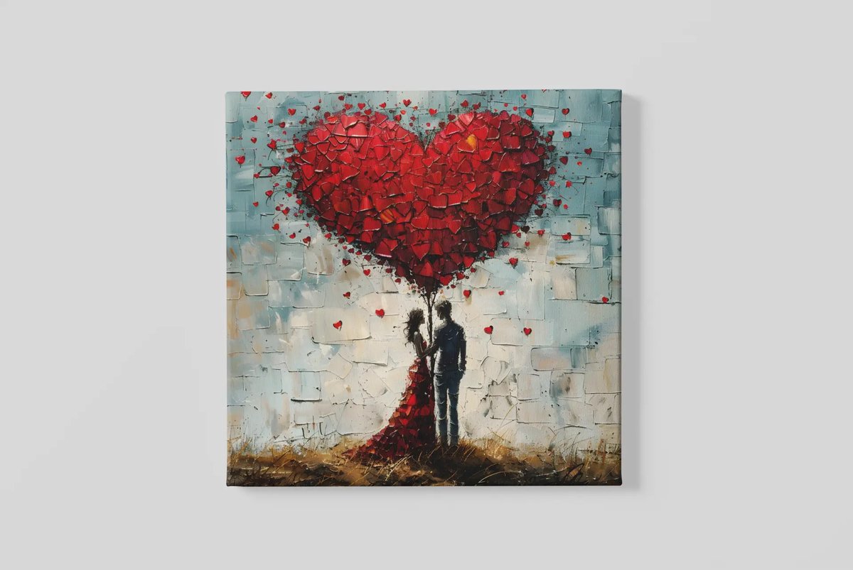 Trendex Global Vierkant Canvas Schilderij - Liefdevolle Kunst met Groot Hart - Modern & Warm - 60x60x2 cm Rood