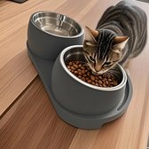 Dubbele voerbak - ergonomisch ontwerp - kunststof - 2 RVS bakken - hellend - schuin - grijs - kattenvoer- & drinkbakken - voerbak grijs - huisdiervoerbak - drinkbak kat - kattenvoerbak - kattendrinkbak