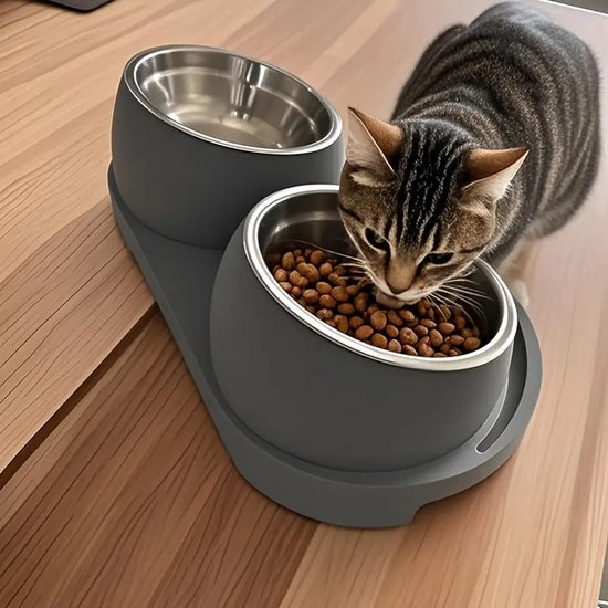 Dubbele voerbak - ergonomisch ontwerp - kunststof - 2 RVS bakken - hellend - schuin - grijs - kattenvoer- & drinkbakken - voerbak grijs - huisdiervoerbak - drinkbak kat - kattenvoerbak - kattendrinkbak